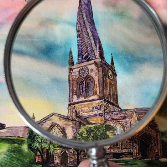 high detail illustration of Chesterfield twisted spire, photograph of section of Wildness in The Peaks through the magnifying glass prints of original art avaiable